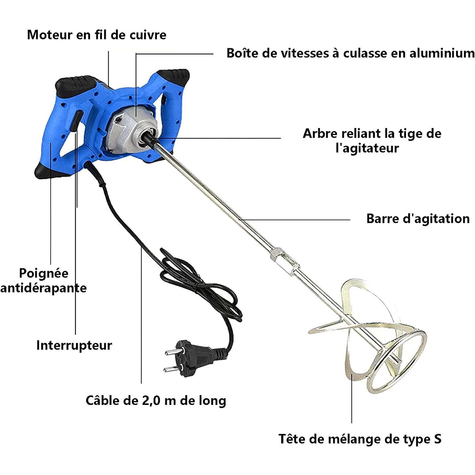 Mélangeur de ciment électrique 2600W, 0-1700 r/min, Malaxeur mortier colle à 6 vitesses avec outil d'agitation à double poignée pour mélanger la peinture, le mortier,le plâtre,le mastic