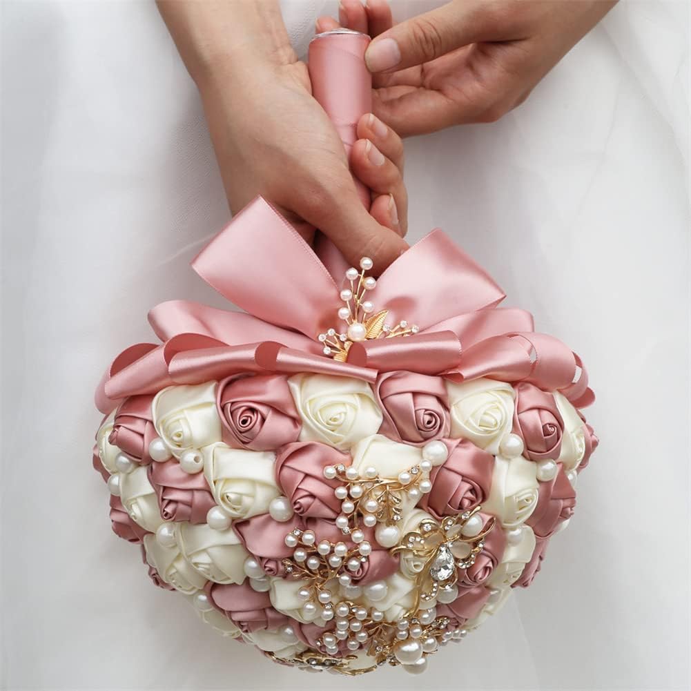 Sharebeauty 7.1 Inch Handmade Satin Rose Bridal Bouquet Toss Round Wedding Bouquet Throw Toss Artificial Flower Bunch Pastel Pink + Ivory