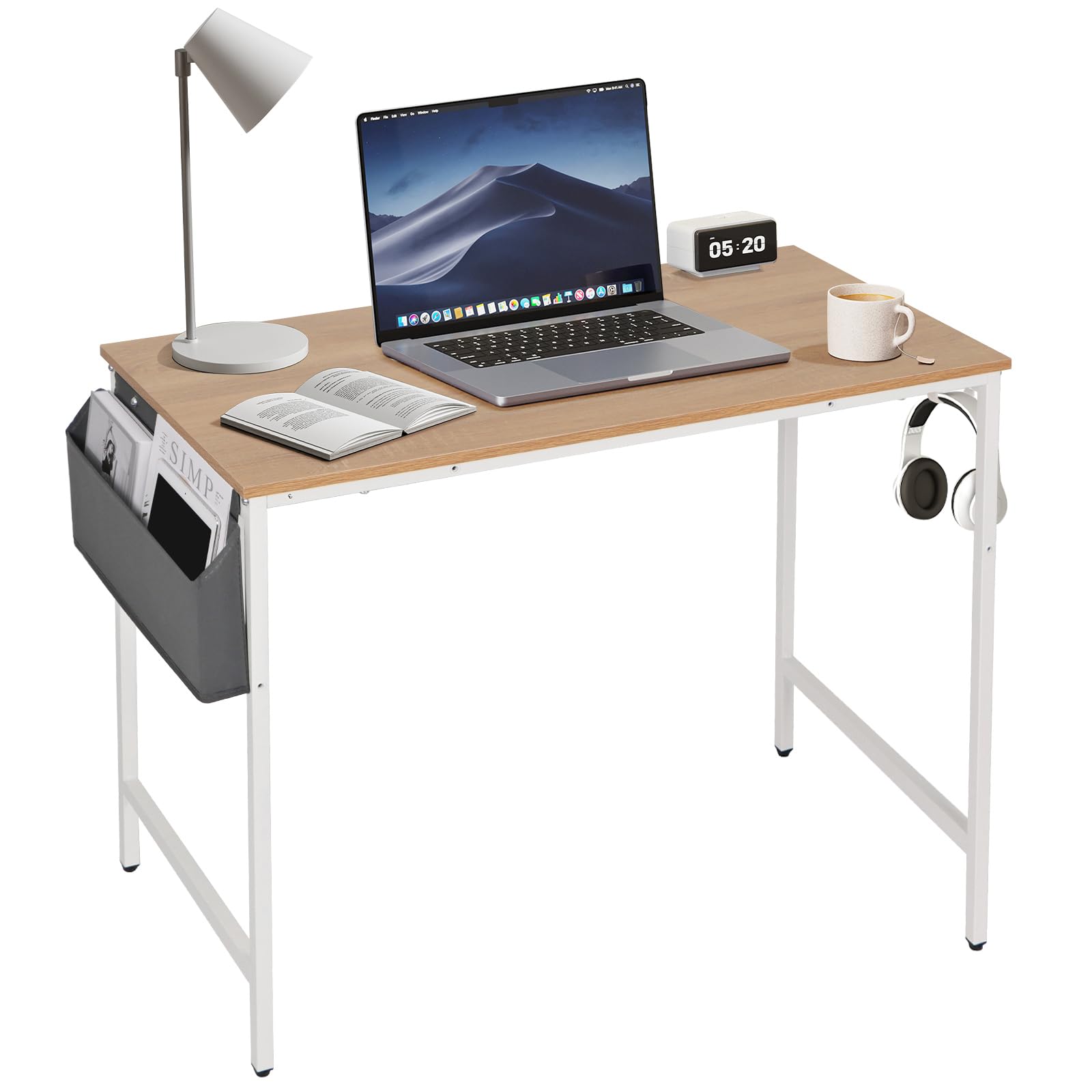 PananaModern Simple Style Computer Desk with Storage Bag and Hook, Home Office Desk, Small Desk Study Writing Table for Small Space (Beige, 80 x 50 cm)