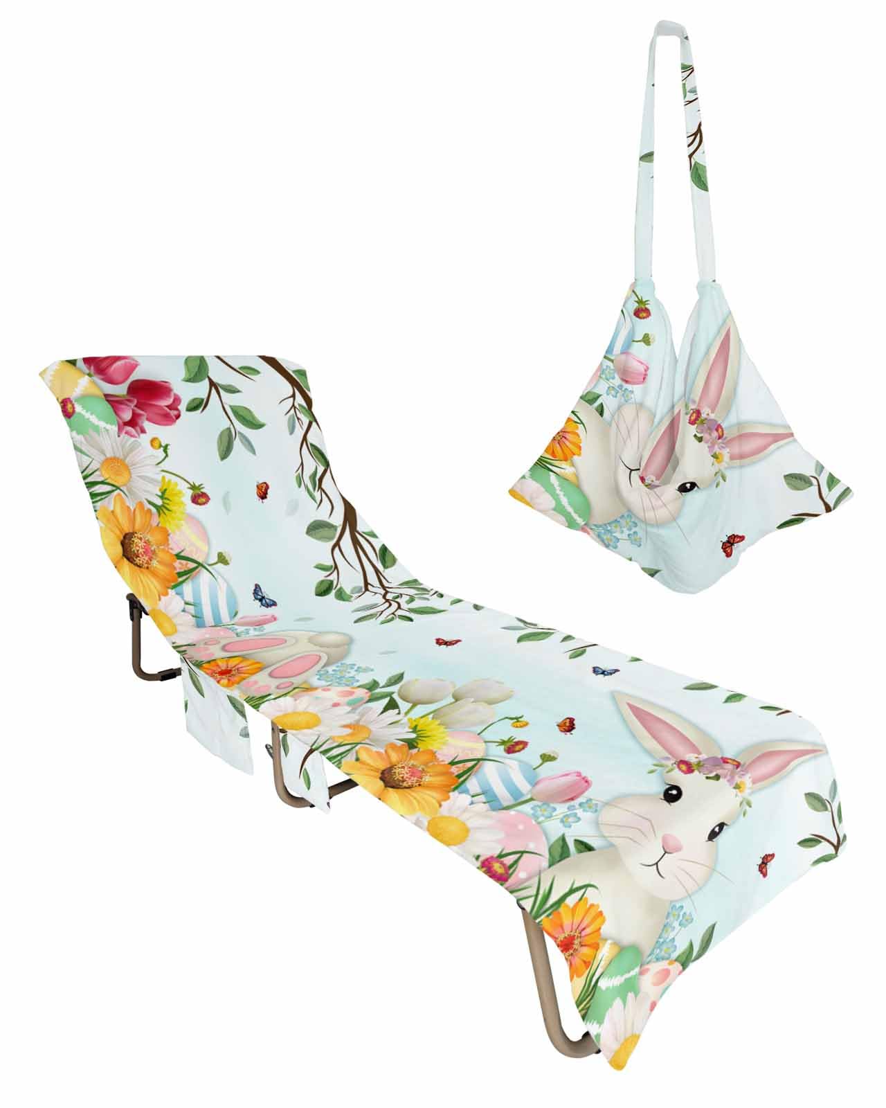 Spring Easter Bunny Beach Lounge Chair Towel Cover, Soft Chaise Lounge Towel with Side Pockets Patio Pool Chairs Cover for Beach/Pool Sunbathing 29x85 Colorful Floral Eggs Botanical