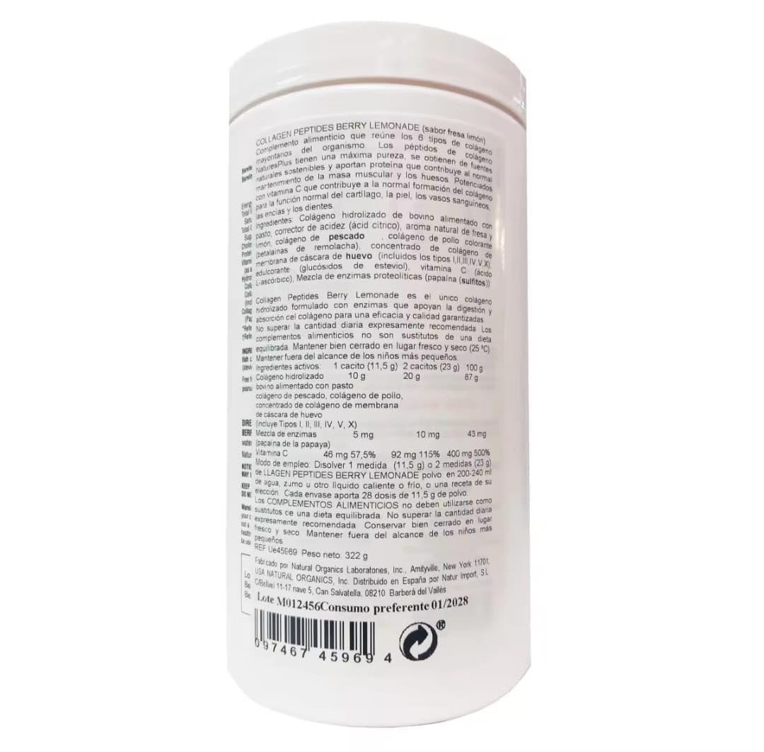 Natures Plus Collagen Peptides Berry Lemonade. 322g | Suplemento de Colágeno Marino Hidrolizado con Vitamina C y Enzimas | 6 Tipos de Colágeno para Piel, Articulaciones y Huesos | Sabor Fresa y Limón