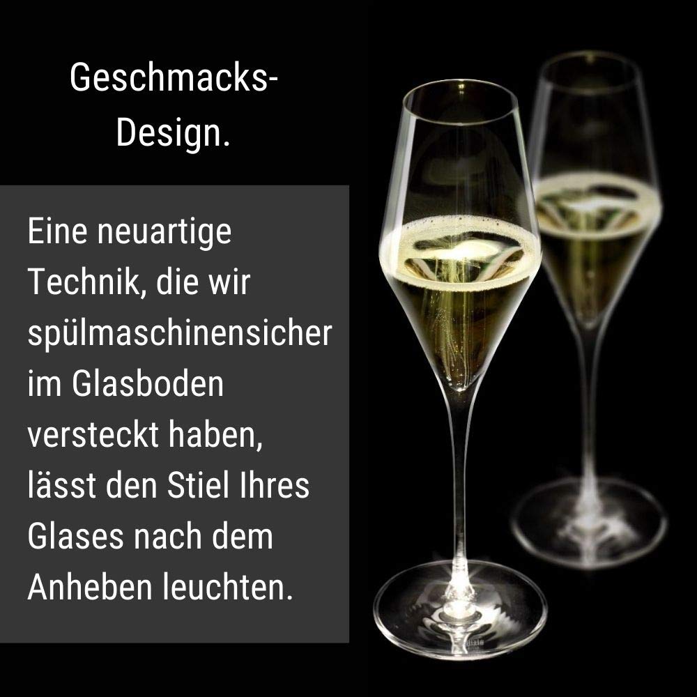 STÖLZLE LAUSITZ Champagnergläser Highlight 290ml mit leuchtendem Stiel I Champagnerkelche 2er Set bruchsicher I Schaumweingläser 2 Stk spülmaschinenfest I Edle Kristallgläser wie mundgeblasen