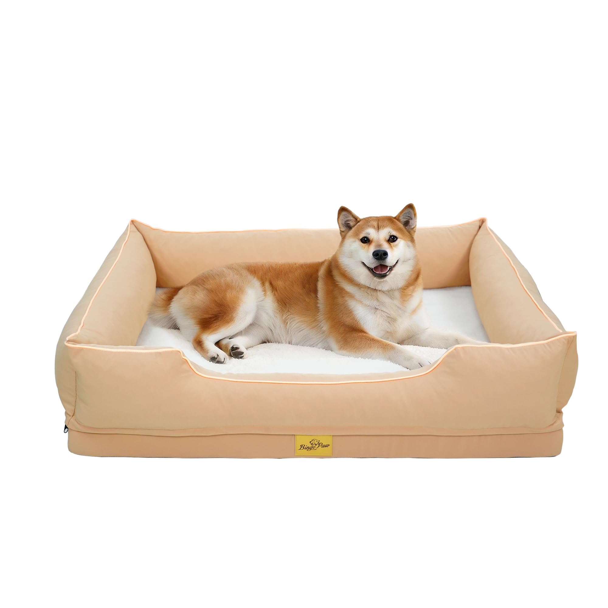BingoPaw Orthopedic Dog Beds Large: Dog Bed Sofa with Bolster Sides, Supportive Flat Foam, Waterproof Liner, Washable Removable Cover and Anti-slip Bottom L(94.5x67x19.5cm),Beige