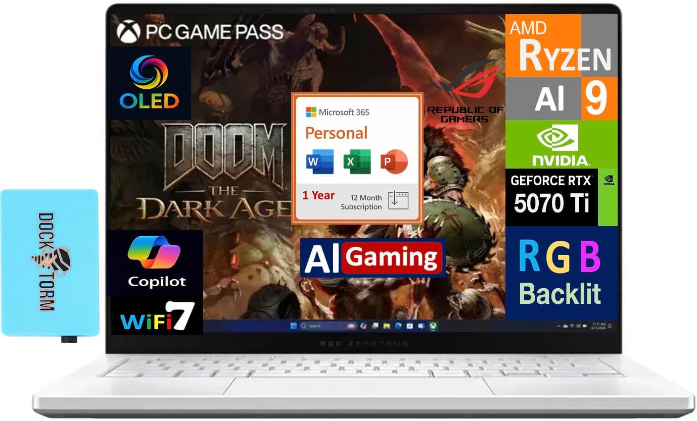 ROG Zephyrus AI Gaming Laptop 14.0" 120Hz OLED 2.8K Display (AMD Ryzen AI 9 HX 370, GeForce RTX 5070 Ti 12GB, 32GB LPDDR5X, Win 11 Pro) with MS 365 Personal, DKZ USB Port Expander