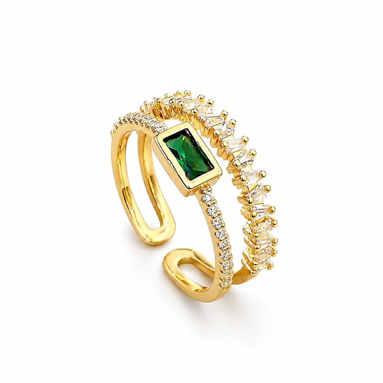 Ritu Bandi Anti Tarnish 18K Gold Plated Emerald Green Double Layer Ring for Women | Adjustable CZ Eternity Band Statement Ring | American Diamond Jewellery | Anti Tarnish Jewelry-image-10
