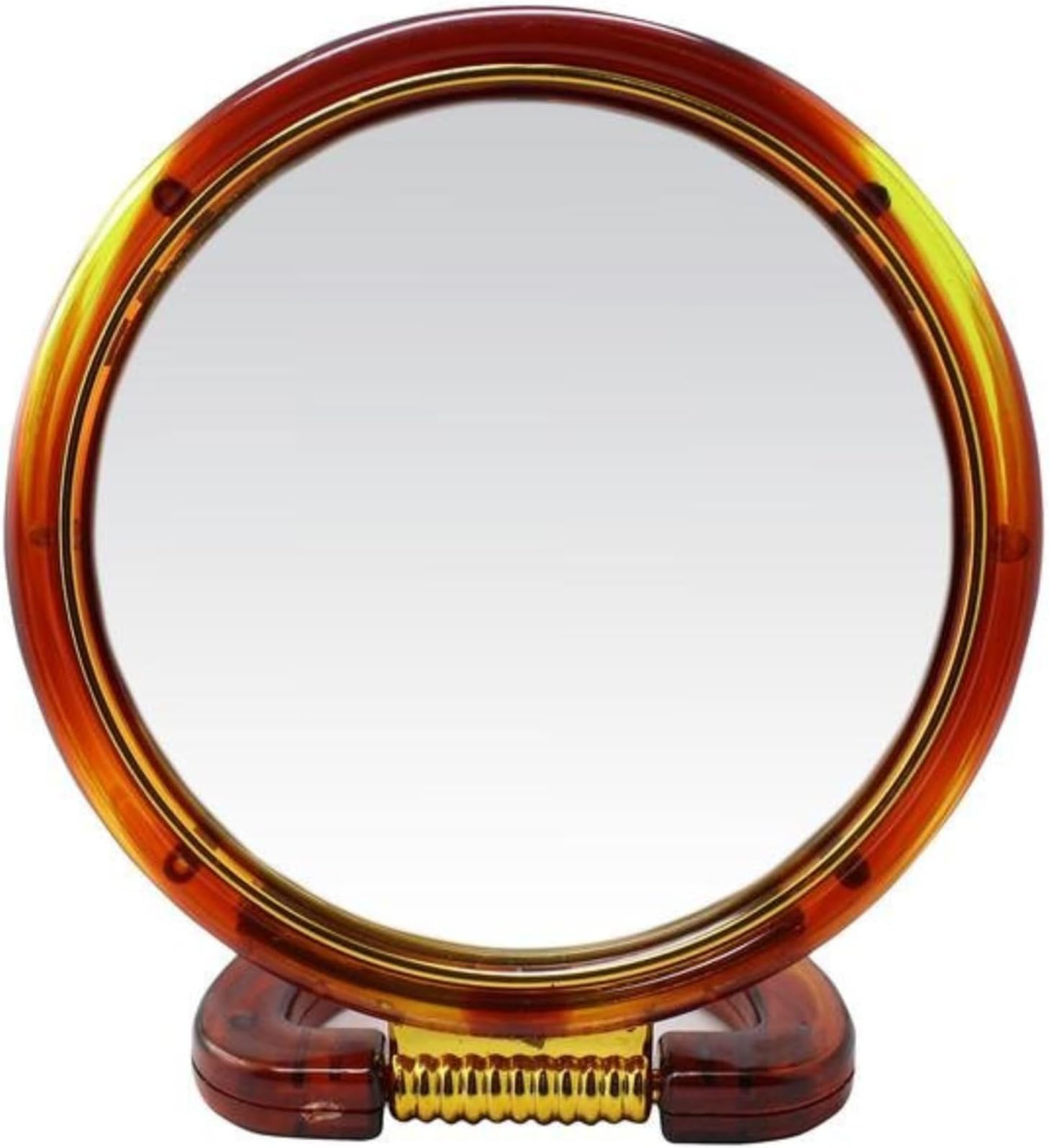 Ear Lobe & Accessories] Double-Sided Beauty Cosmetic Mirror with Foldable Base | One Side Regular (1x), One Side Magnifying (5X) | Small (12 X 12cm), Round, Brown