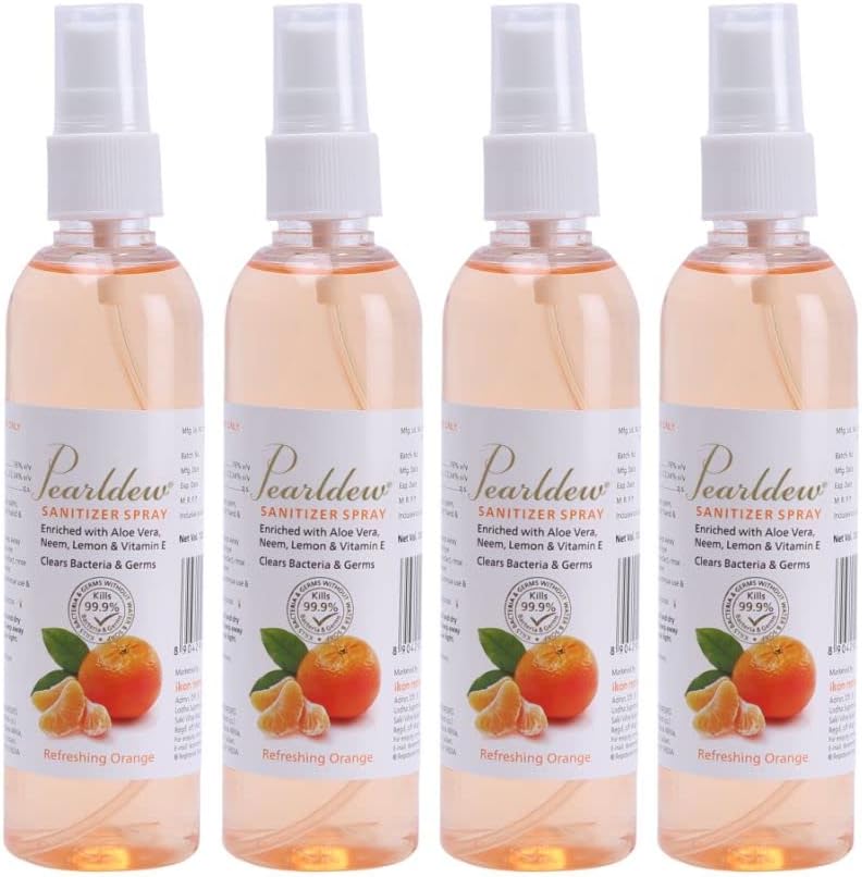 Pearldew Hand Sanitizer Spray (120 ml) With Aloe Vera, Lemon, Neem, Vitamin E & Glycerine | Paraben Free | Formaldehyde Free | Gentle on skin (Orange, Pack of 4 (120ml X 4))