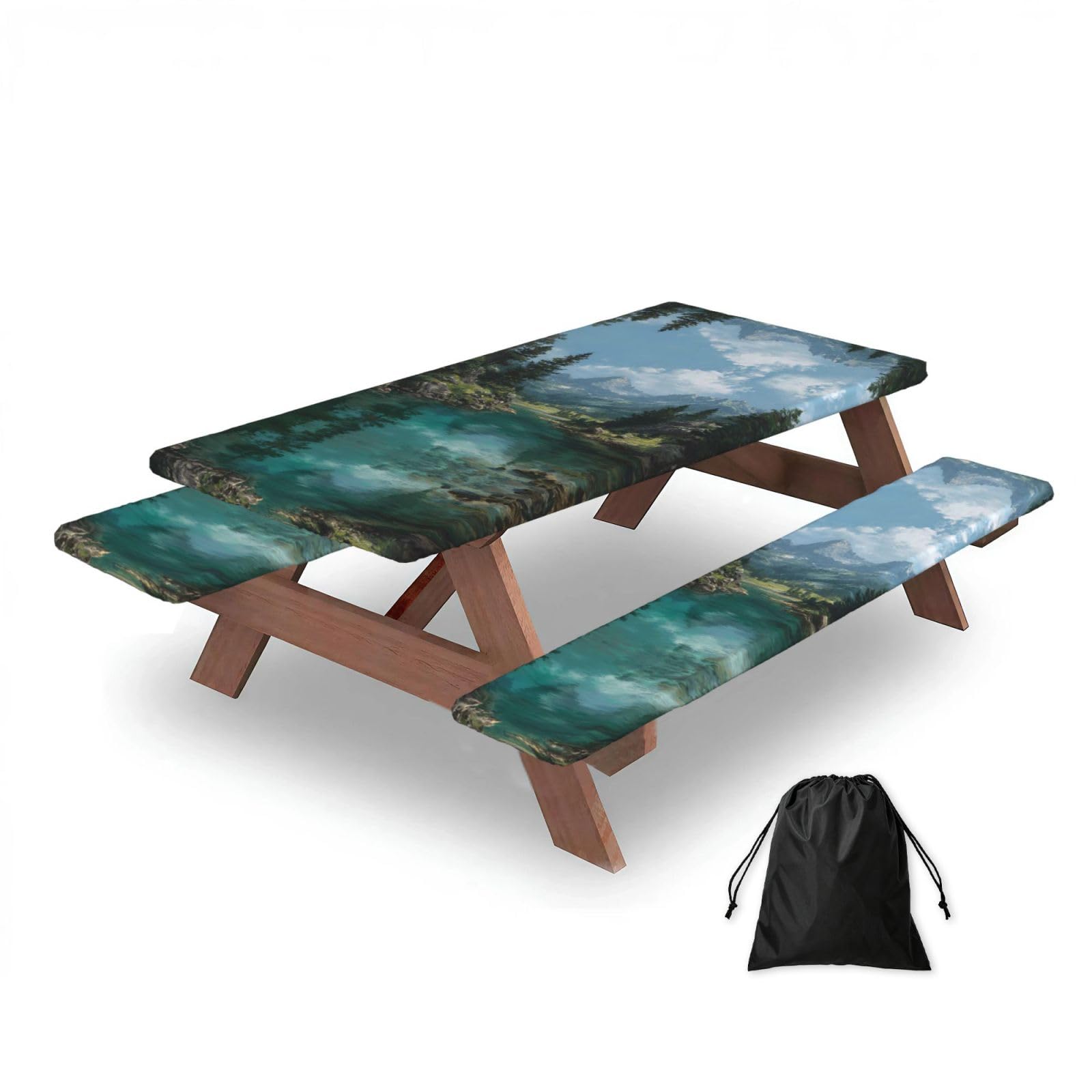ESNAIUVCD Tranquil Lake Print Picnic Table Cover With Bench Covers,Camping Essentials,Fitted Tablecloth Cover With Elastic Edge, For Indoor & Outdoor 3 Pcs