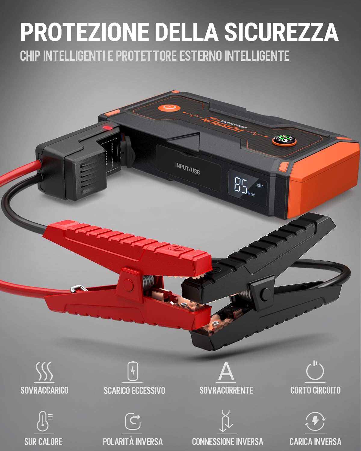 Powrun P-ONE Avviatore Batteria Auto,2000A Avviatore di Emergenza per Auto(Motori Fino a 8.0L Gas o 6.5L Diesel),12V Booster Avviamento Auto con Torcia a LED&USB Quick Charge 3.0,Custodia da Trasporto