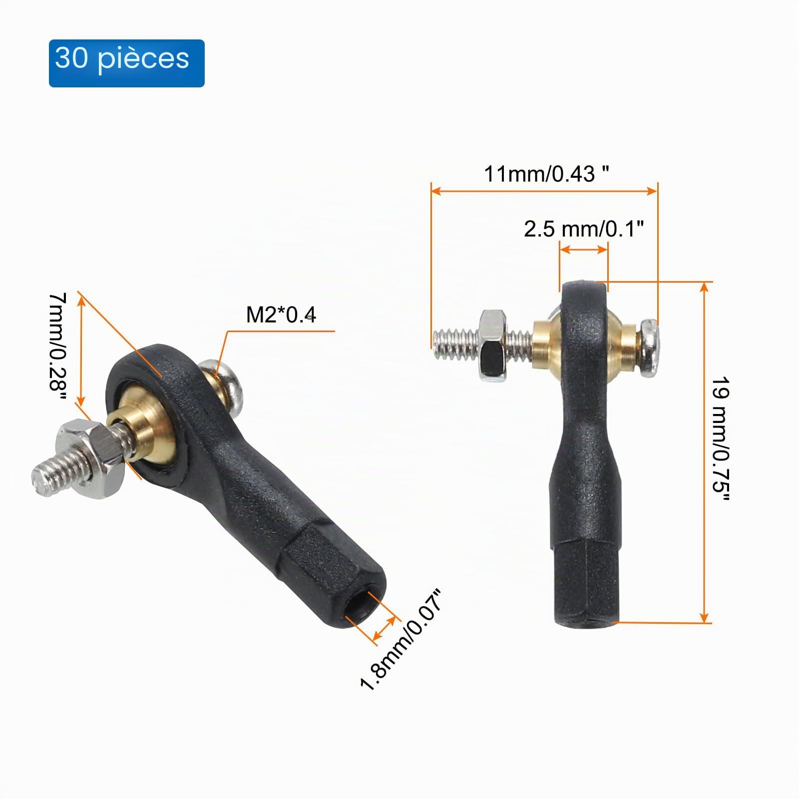 QUARKZMAN M2xL19mm Tiges à Billes Tête d'Extrémité Rotule Boucle Direction Connexion Cravate pour Modèle RC avec Vis et Écrou 30 Pièces