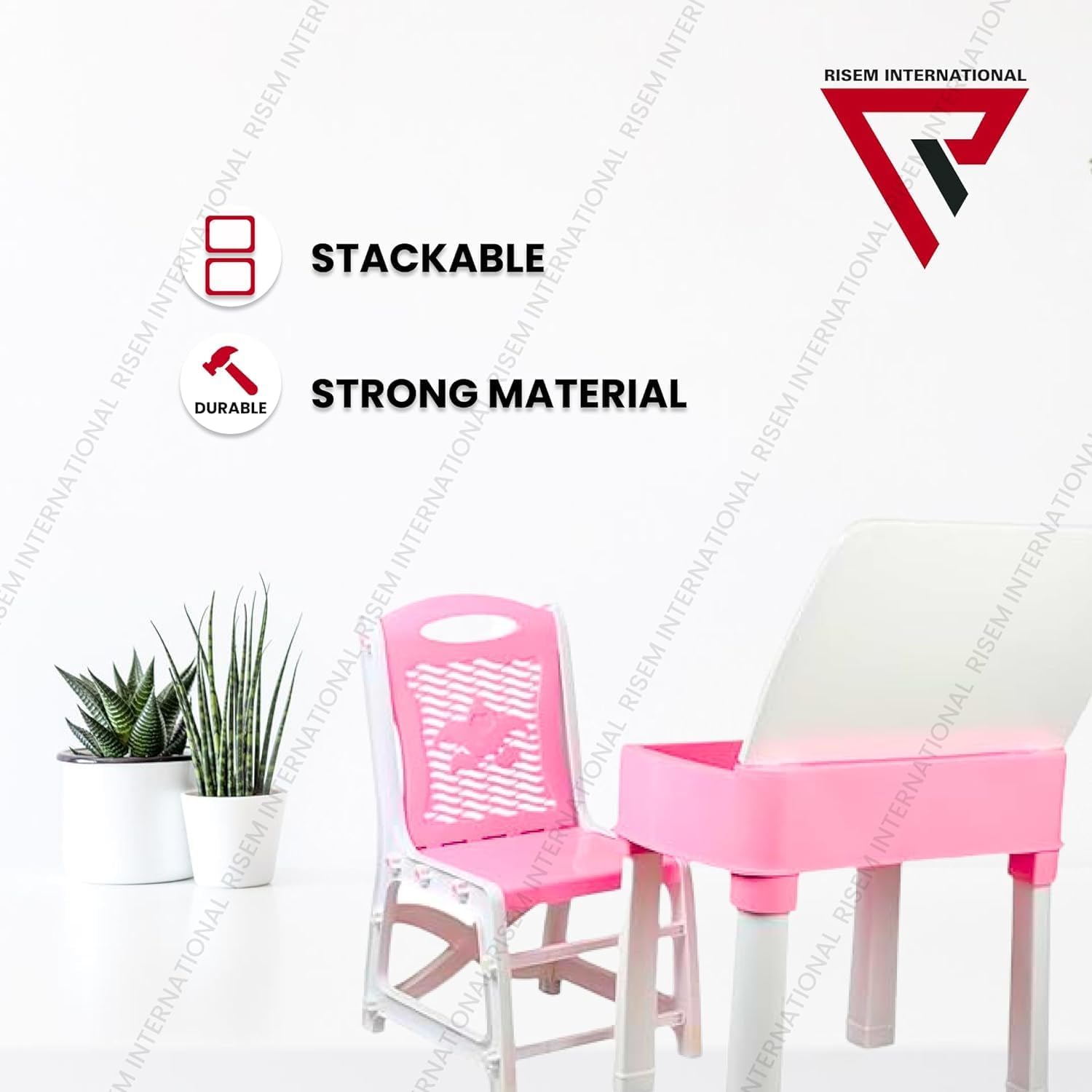 RISEM INTERNATIONAL Kids Study Table & Chair Set for Boys & Girls | Plastic Study Desk with Storage Box for Pencils & Stationery | Lightweight & Durable | Ideal for Study, Drawing & Homework (Pink) 2
