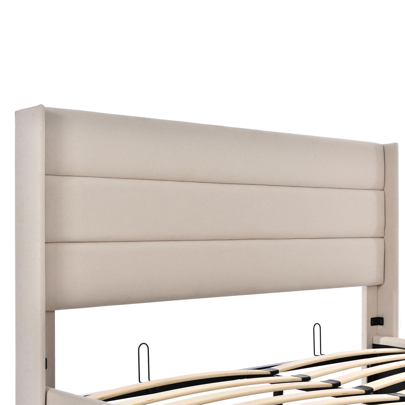FEEOHOME Lit Double Rembourré 160 x 200 cm, lit 2 Places avec Cadre de lit et Espace de Stockage, Lits Coffre sommier à Lattes pour Adulte Adolescent, Lin Beige