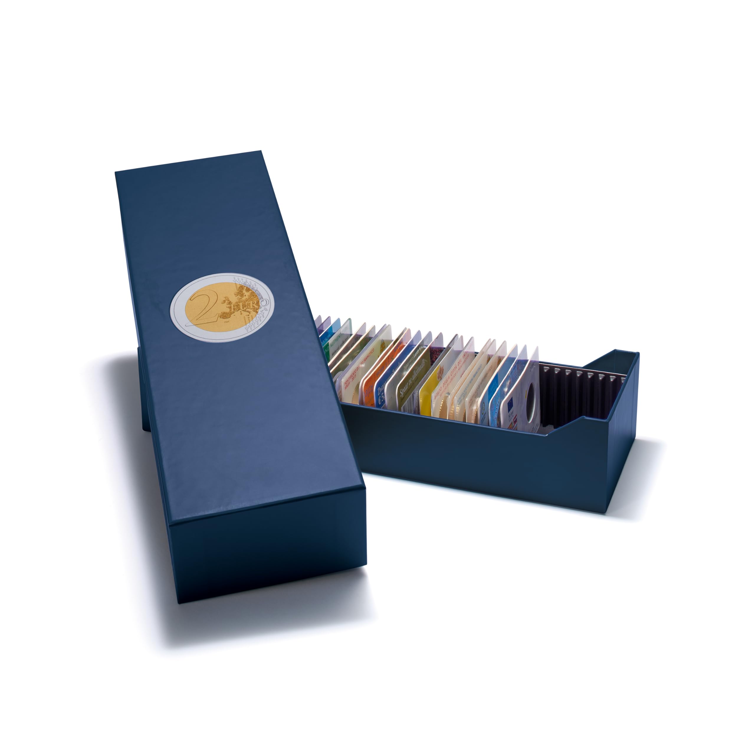 Leuchtturm 367868 Scatola per archivio Logico per 40 Monete da 2 Euro in Biglietti da Visita - Formato Orizzontale, 30 x 10 x 6 cm, Blu