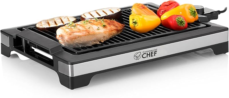 Parrilla Eléctrica Interior, CHIG20B, Negra y Acero Inoxidable | Parrilla portátil para mesa, encimera o cocina, 1600 W, placa antiadherente de 14,7” x 9,8”, control de temperatura ajustable