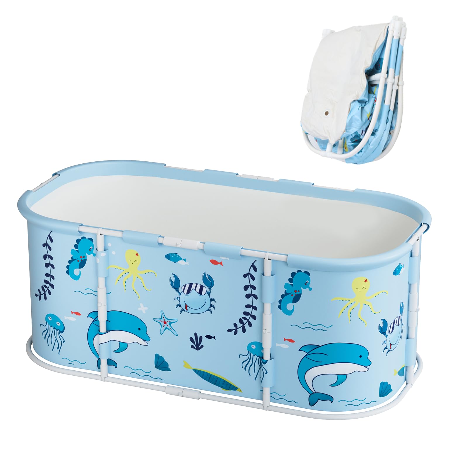Loyliawa Blue Portable Bathtub 45'' Extra Large Foldable Plastic Bathtub With Freestanding Installation, Family Spa Soaking Tub For Kids Adults