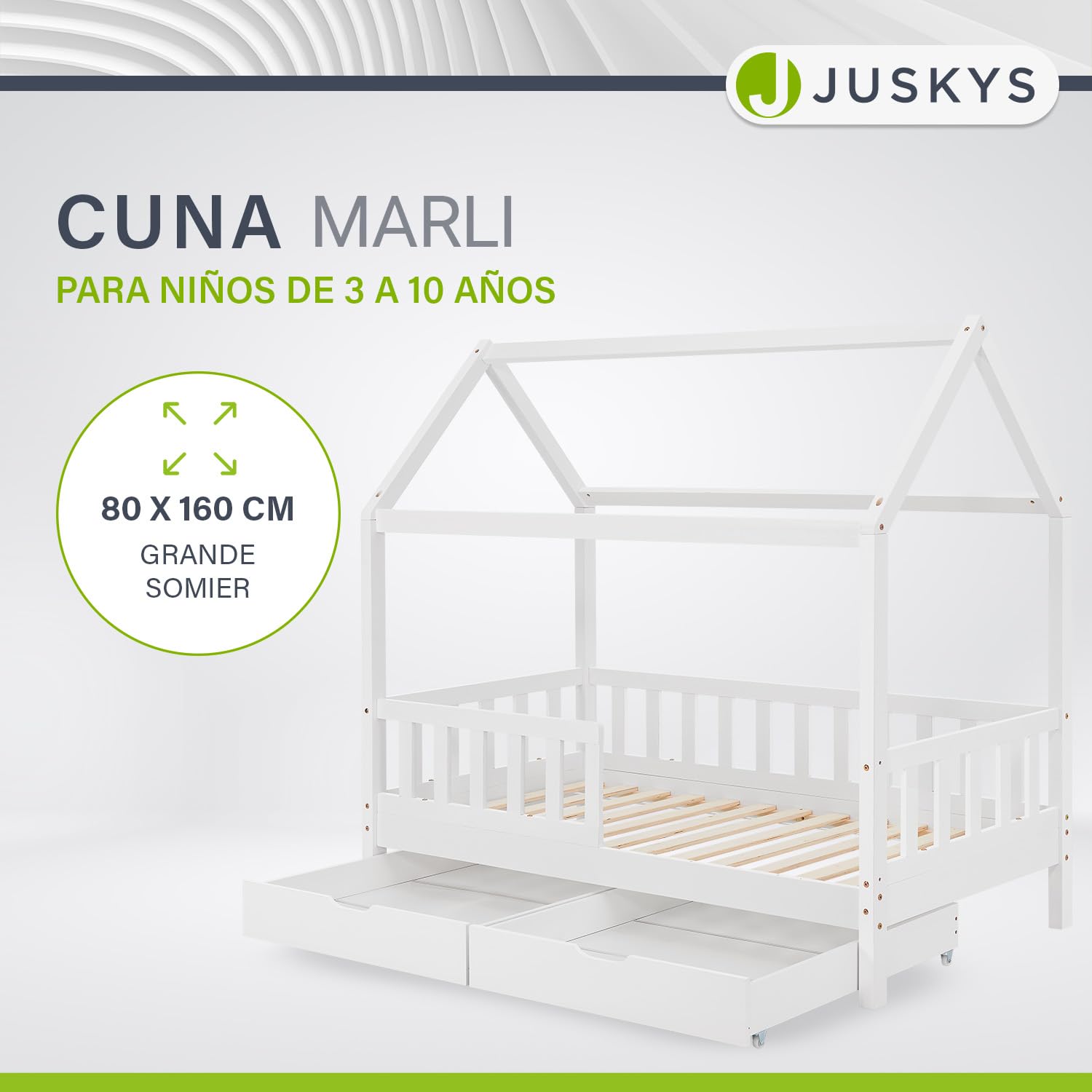 Juskys Cama Infantil Marli 80 x 160 cm con canapé de 2 Piezas, protección anticaída, somier y Techo - Cama de Madera Maciza para niños - Cama en Blanco