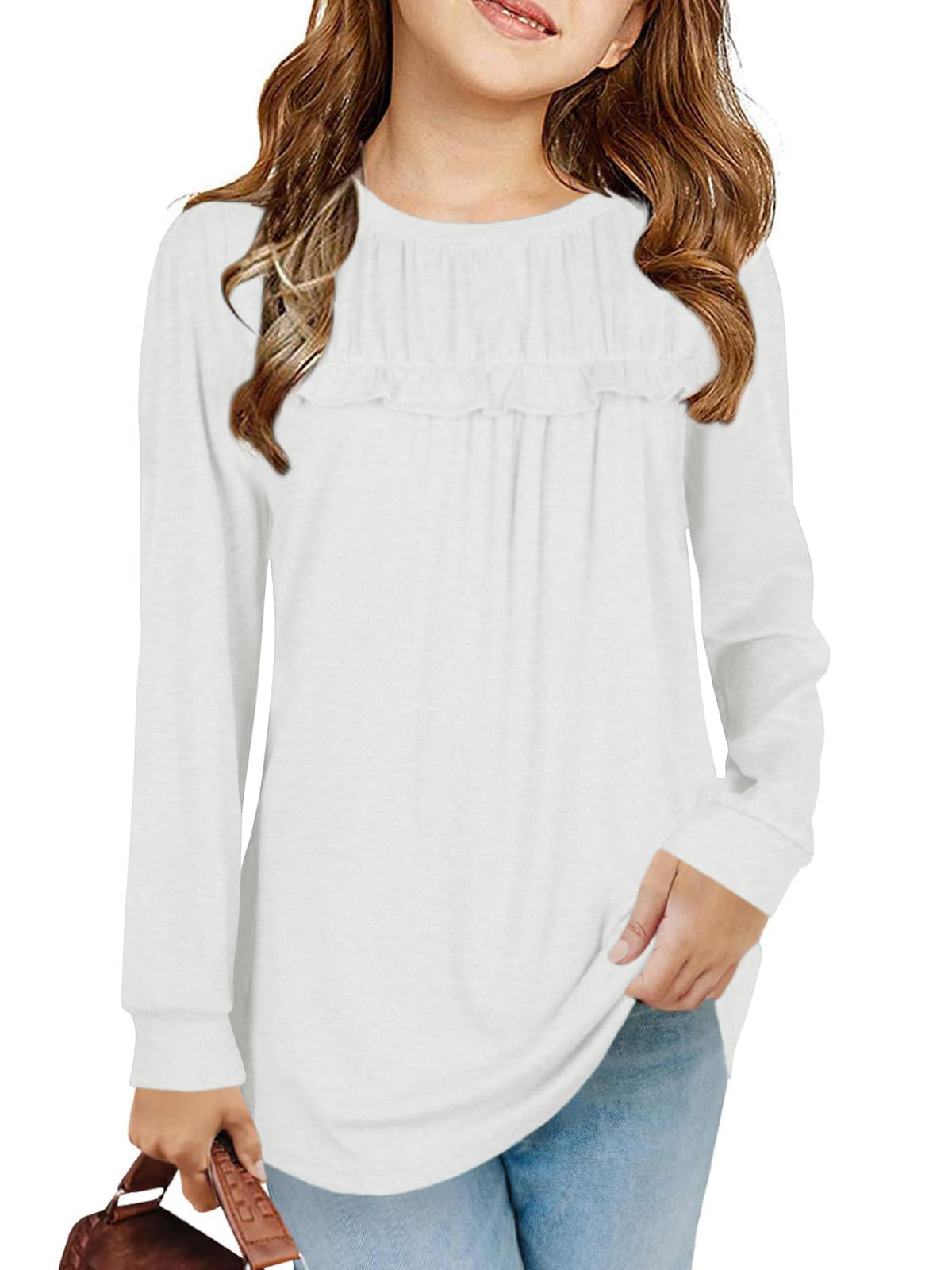 Haloumoning Camisetas de manga larga para niñas, túnica con volantes, camisetas sueltas para ocio, blusa suave para niños