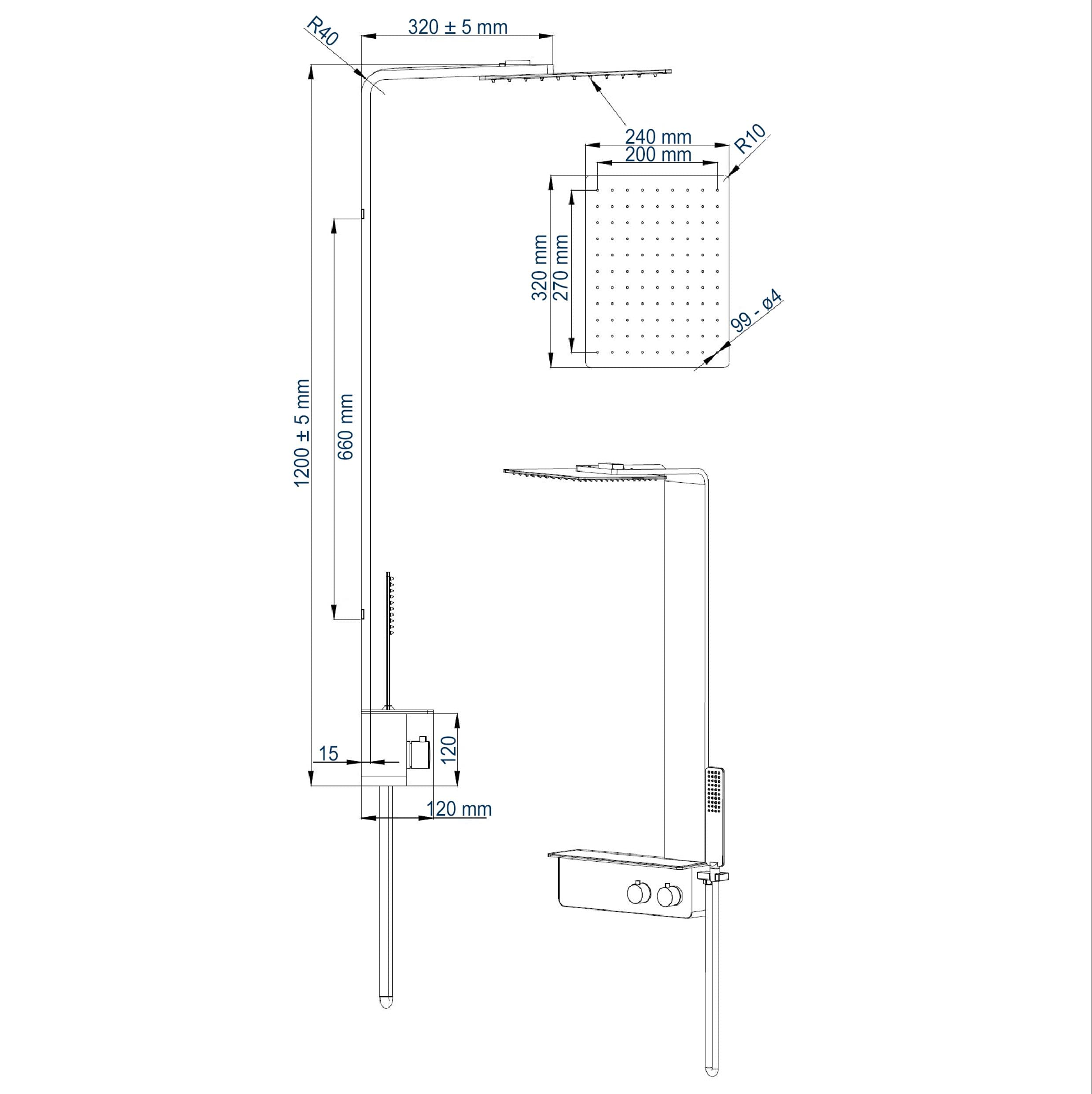 BERNSTEIN - Colonne de Douche Thermostatique Acier Inox Noir mat 120x32cm Tête douche 32x24cm Anticalcaire Fonction Pluie + Mitigeur + Pommeau + Tablette - Design - NT038 PRO