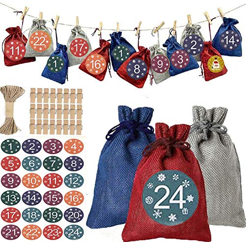 Calendario Adviento Navidad, HOMEK 24pcs Calendario de Adviento con 24 Pegatinas Números Navideños, DIY Bolsa de Regalo Saco arpillera DIY Bolsa para Regalo Navidad Decoración