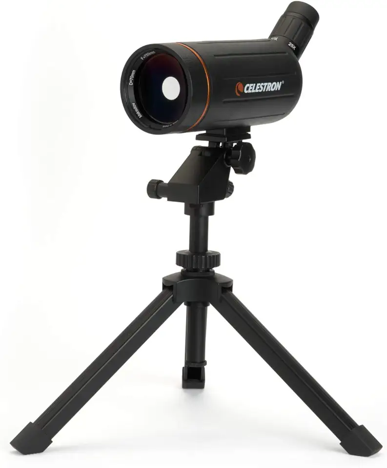 Celestron Mira angular de 70 mm Mini Mak 52238 – Mira Maksutov – Ótimo para visualização de longo alcance – Ocular com zoom de 25 – 75 x – Ótica multirevestida – Blindada de borracha – Tripé de mesa