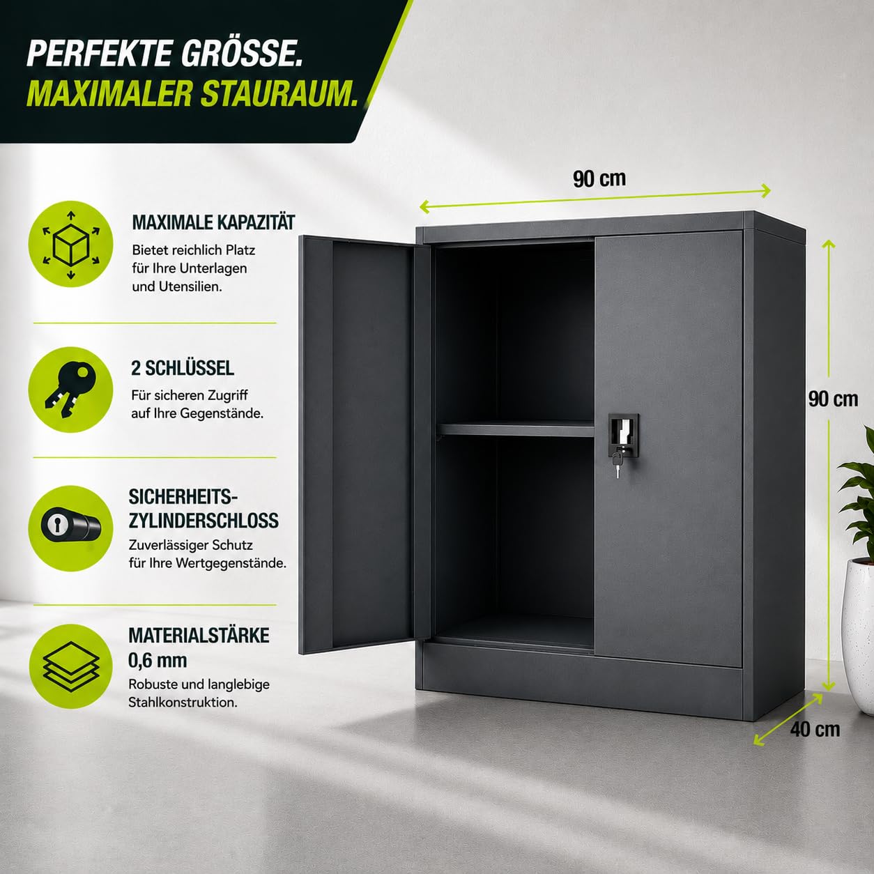 Muralo Metallschrank mit 2 verstellbaren Fachböden Abschließbar - Grau | Aktenschrank 90x90x40 cm mit Sicherheitszylinderschloss, Belastbar bis 50 kg, Pulverbeschichtung, ideal für Büro, Werkstatt