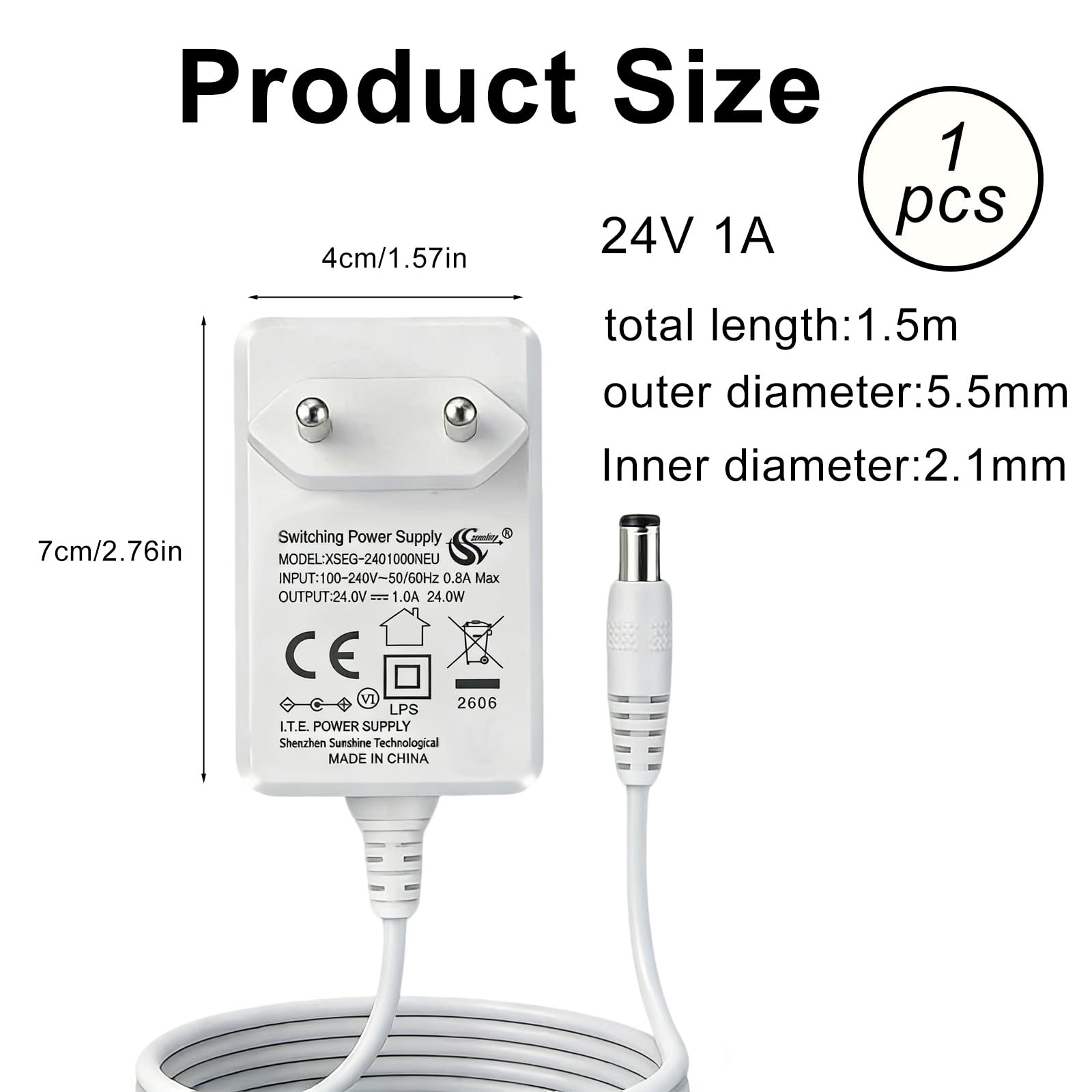 24V 1A Fuente de Alimentación Universal para Tiras LED, Adaptador 24W de Transformación AC 200-240V a DC 24V con Cable 1,5m, Enchufe EU, Conector DC 5,5 x 2,1mm, Cargador 24v — view 2