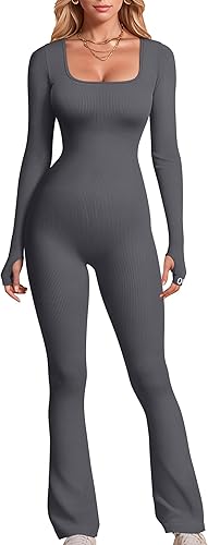 OQQ Monos de yoga para mujer, cuello cuadrado acanalado, manga larga, acampanados, overoles acampanados