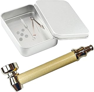 MENGQILINYU Wood Grain Tobacco Pipe Set – Portable Pocket-Size Metal Smoking Pipe with Wooden Stem, 5 Filters, Cleaning Tool & Storage Box – Filter Tobacco Pipe Accessories (Light Wood)