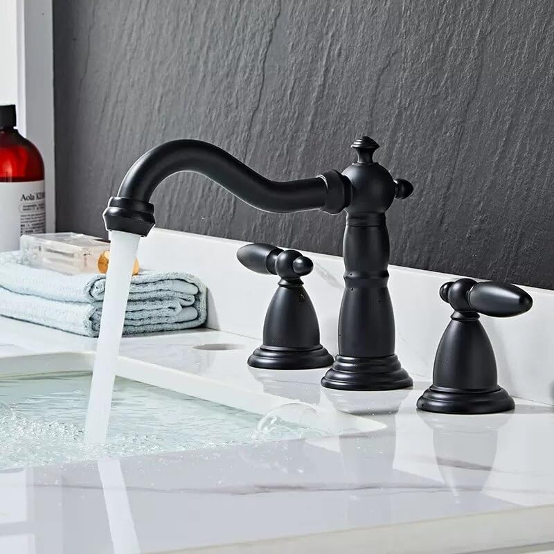 Grifo de lavabo de 3 orificios en latón negro mate y oro rosa para baño elegante