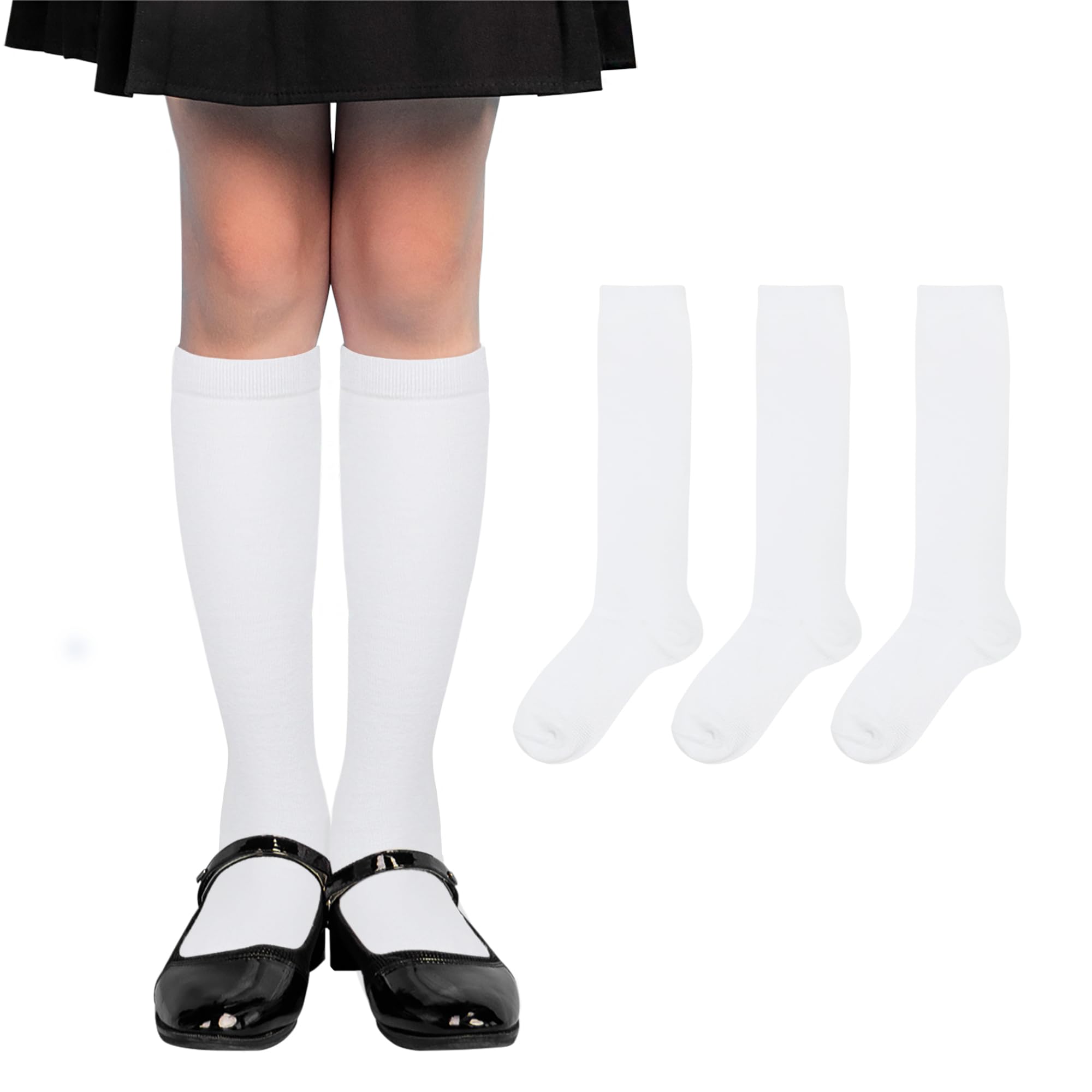 YEJIMONG Kniestrümpfe für Mädchen, Schuluniform, Kleid, Baumwolle, lange Socken für Kinder, Jungen, 3 Paar, Schwarz, Weiß, Marineblau, 4–16 Jahre