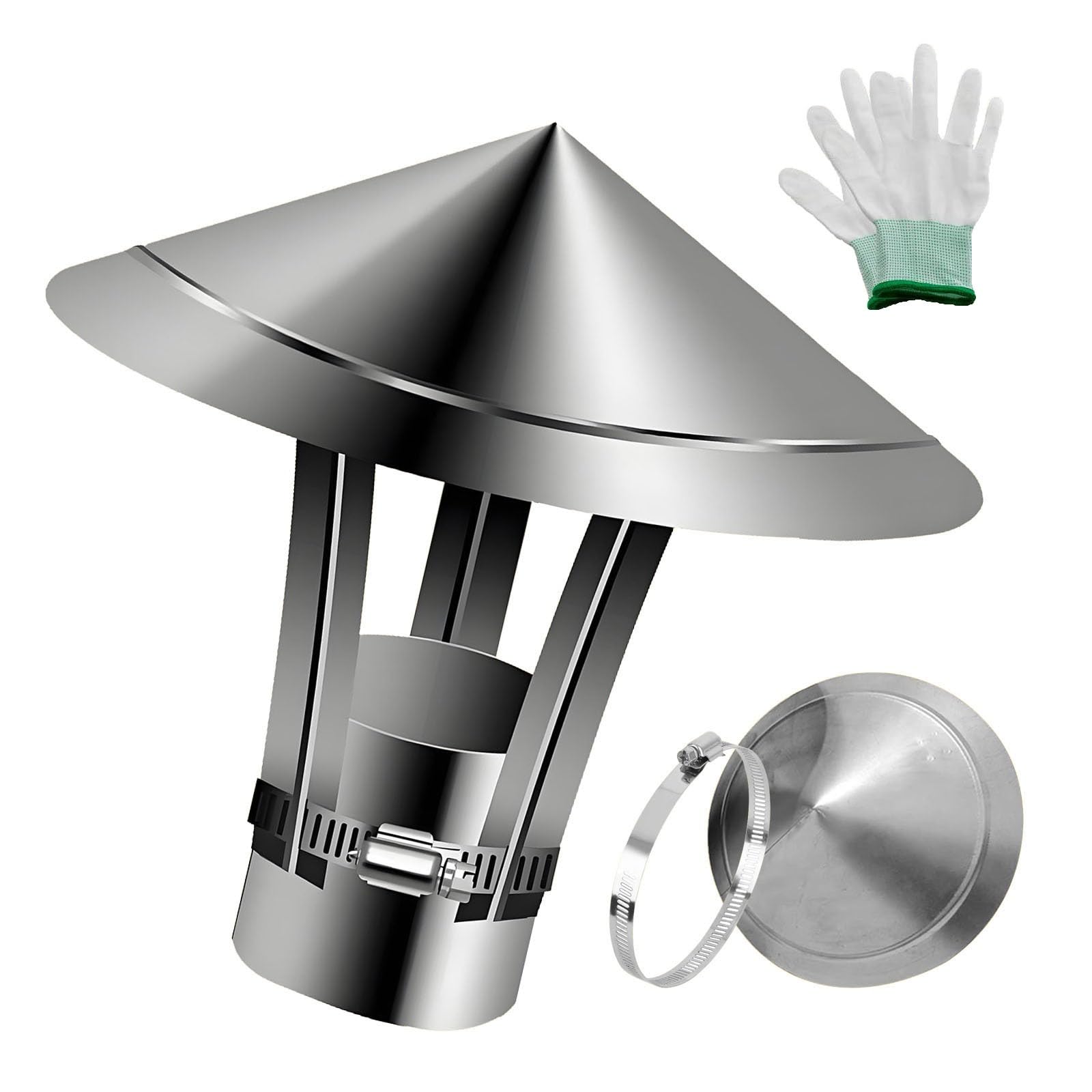 PFXNGMS Stove Pipe Topper 1.97-11.81 in Chimney Covers, 201 Stainless Steel Cone Top Chimney Cap with Gloves, Chimney Cowl for Vent All Weather and Insulation(220 mm/8.66 in)