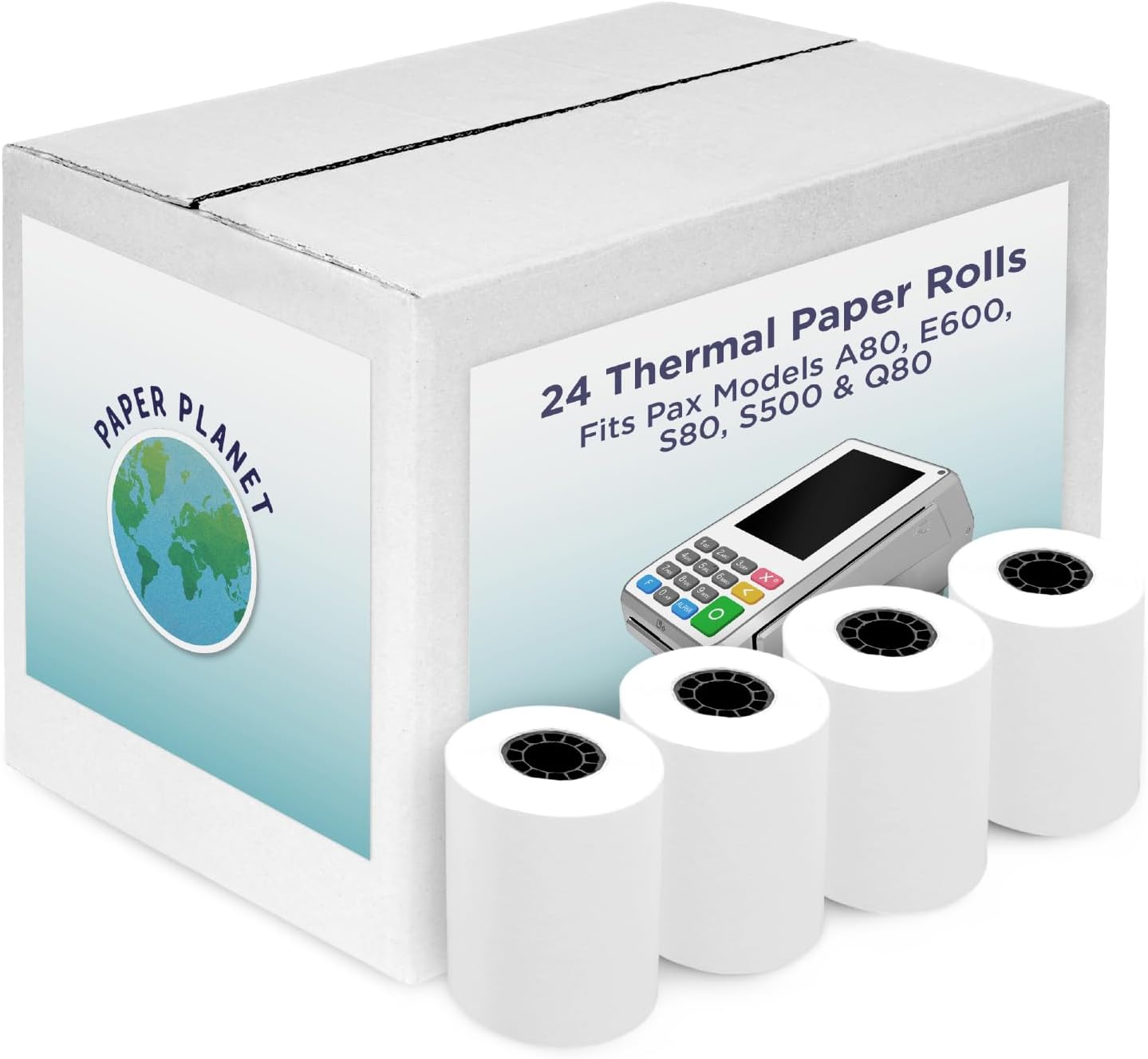 Thermal Receipt Paper for Pax Terminal Printers by Paper Planet | 24 Rolls | Compatible with A80 E600 S80 S500 Q80