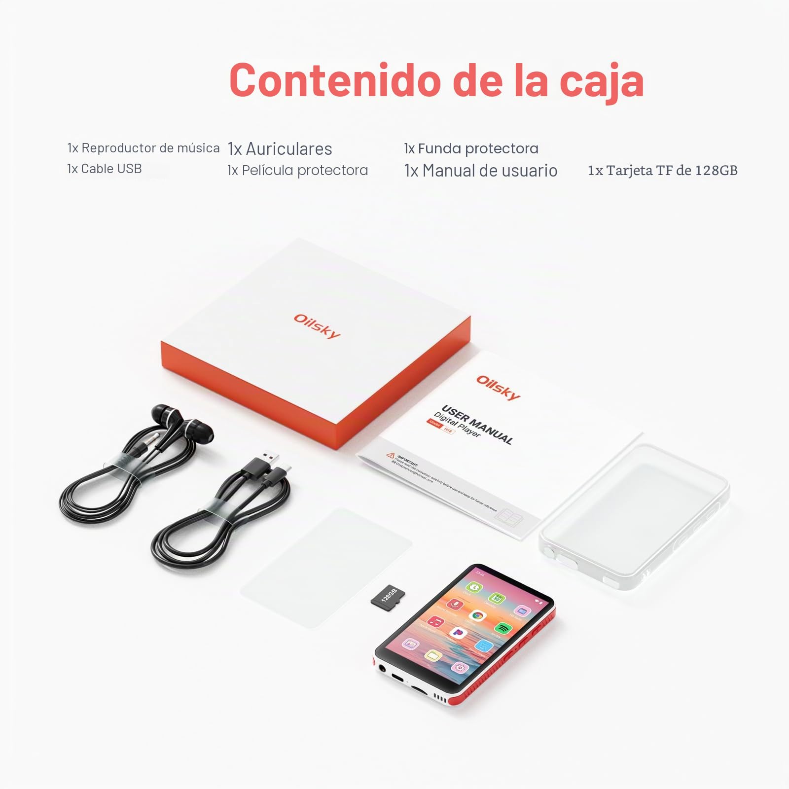 192GB Reproductor MP3 con Bluetooth y WiFi, Android 13.0, RAM:4GB, 4.0" HD MP4 Reproductores Pantalla Táctil y Altavoz, MP3 Spotify Portátil (Blanco + Rojo)