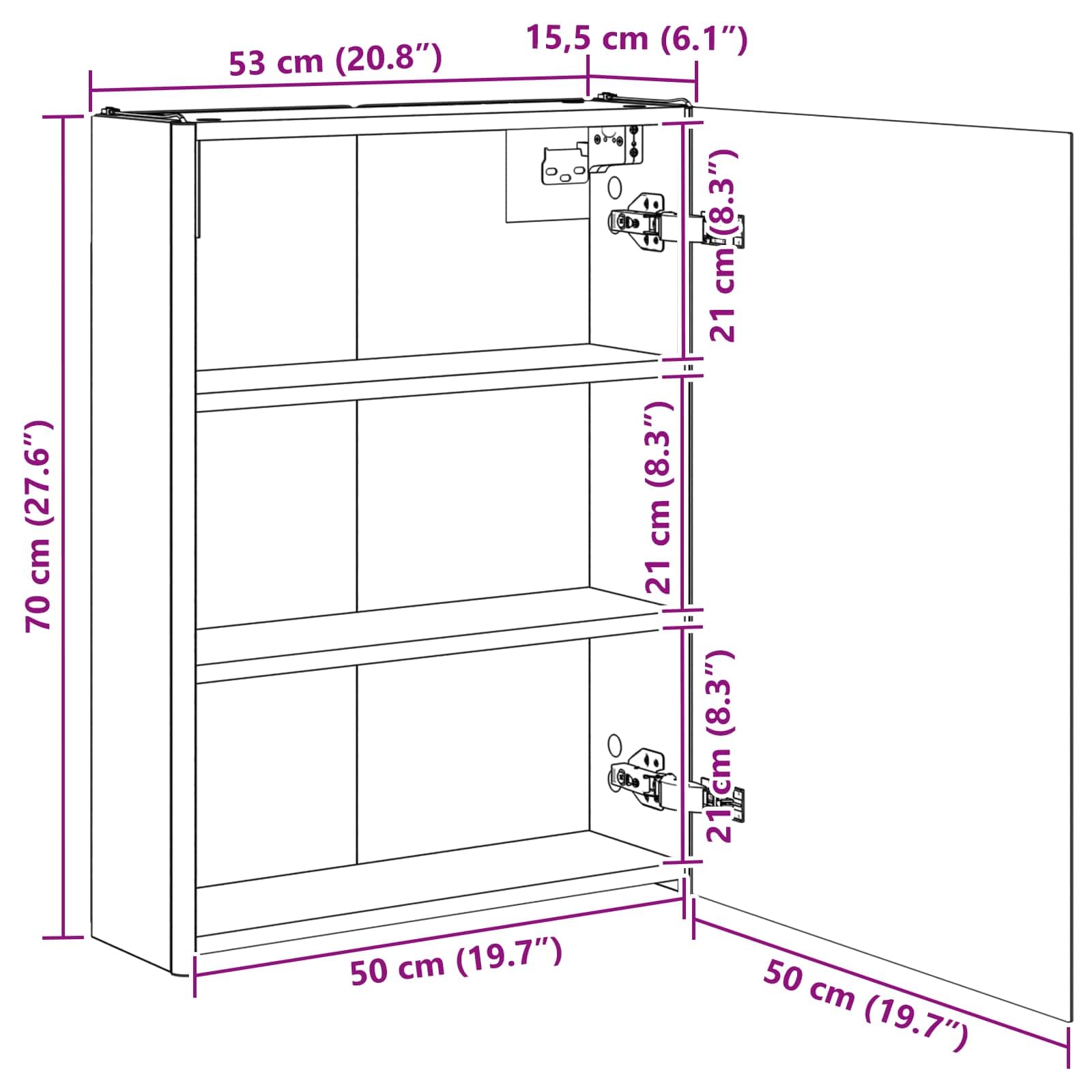 Szafka łazienkowa z lustrem dąb Sonoma z oświetleniem LED 53,5 x 15,5 x 70 cm, materiał drewnopochodny, montaż na ścianie, miejsce do przechowywania z półkami, meble łazienkowe do pralni i