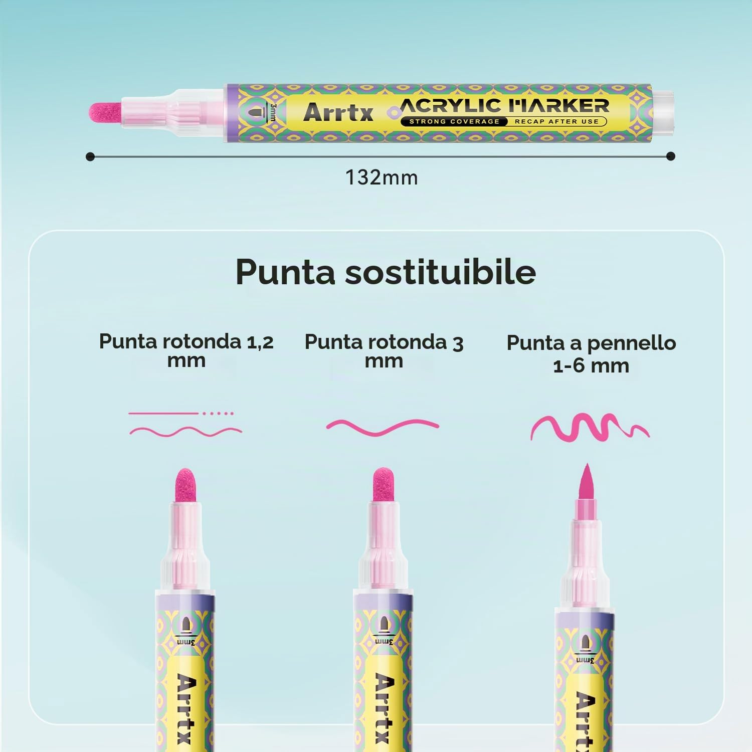 Arrtx Pennarelli acrilici a 72 colori, con punta media da 3 mm, atossici, a base d'acqua, ad asciugatura rapida, per artisti, pittura su roccia, legno, tela, artigianato fai da te