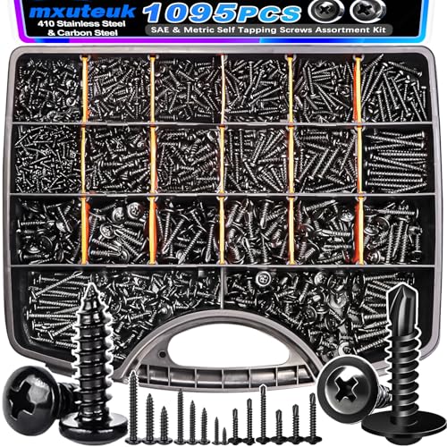 mxuteuk 1095PCS Self Tapping Screws for Metal, #8#10 410 Stainless Steel Truss Head Self Drilling Screws and M2 M3 M4 Carbon Steel Phillips Pan Head Self Tapping Screws for Plastic,Wood