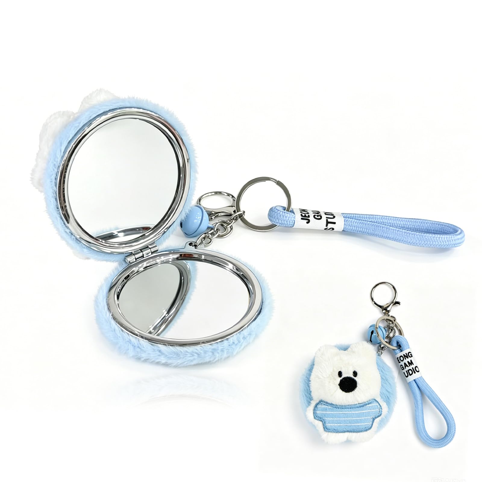 CLTTCLLCT Cute Blue Plush Cartoon Mirror Keychain – 1X/10X Dual Magnifying Mini Travel Compact Makeup Mirror with Key Ring & Wrist Strap, Small Dog Toy Style Plush Ornament, for Women & Girls