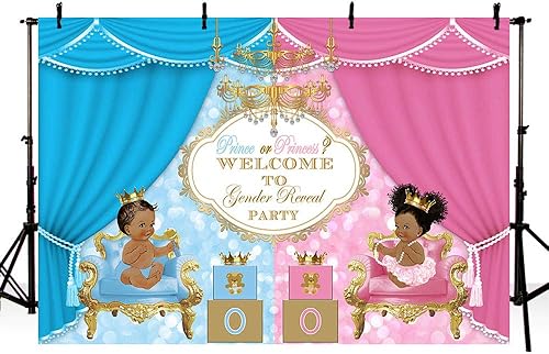 MEHOFOTO Fondo de fotos de fiesta de revelación de género real de príncipe o princesa, unisex, baby shower, cortina rosa o azul, decoración de