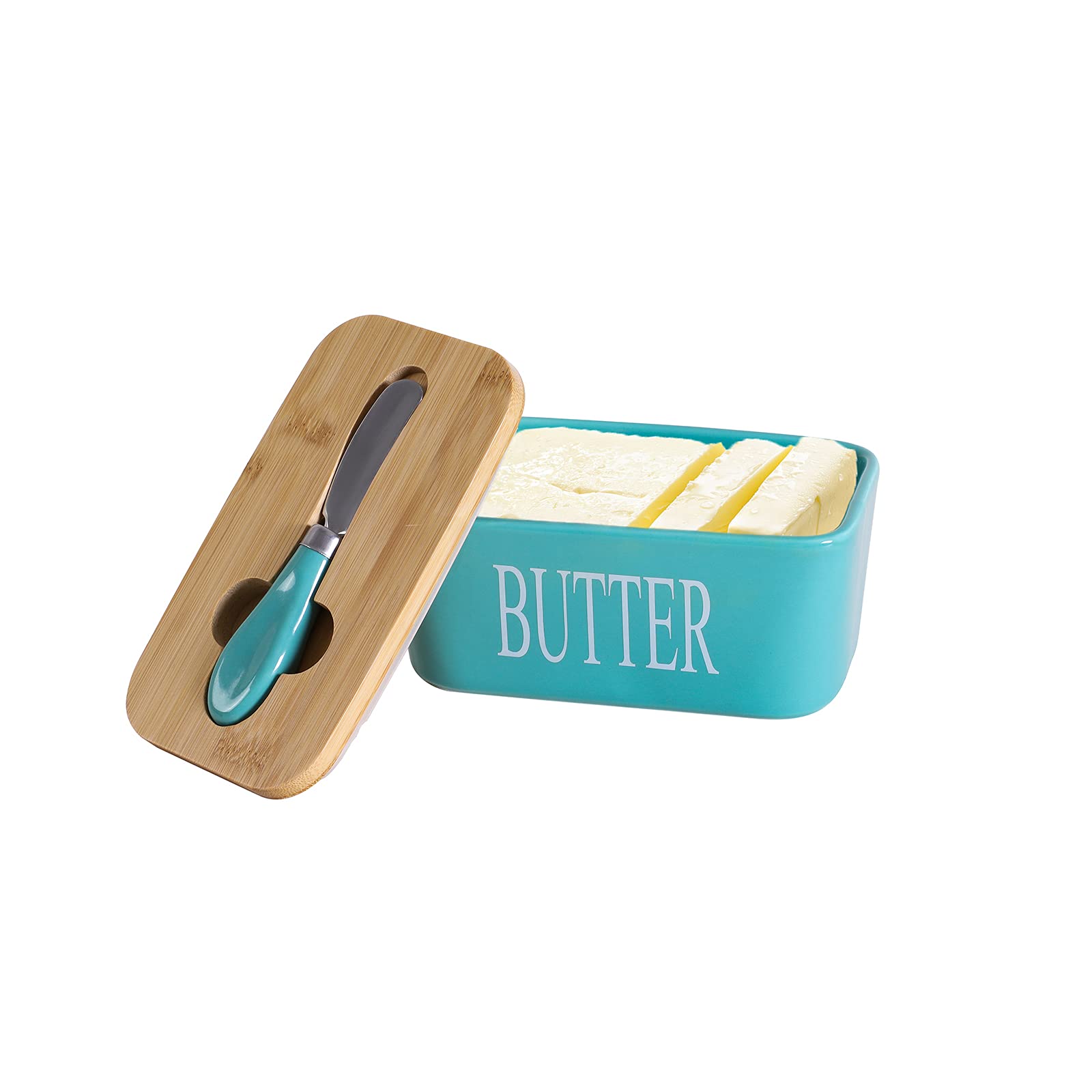 YCOCO Large Butter Dish with Lid,Ceramic Butter Container With Airtight Cover,Butter Keeper Double Silicone Seals with Knife for kitchen,Holds 2 Standard Stick,Green