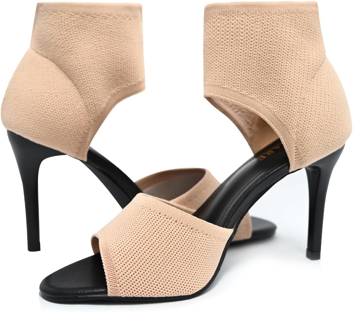 Peep Toe Heels for Women Sexy 3 Inches Stiletto Heeled Sandals for Women Open Toe Wide Stretchy Knit Heel Sandal Booties Slip On Comfortable Dressy Shoes for Prom, Party and Work - Image 6