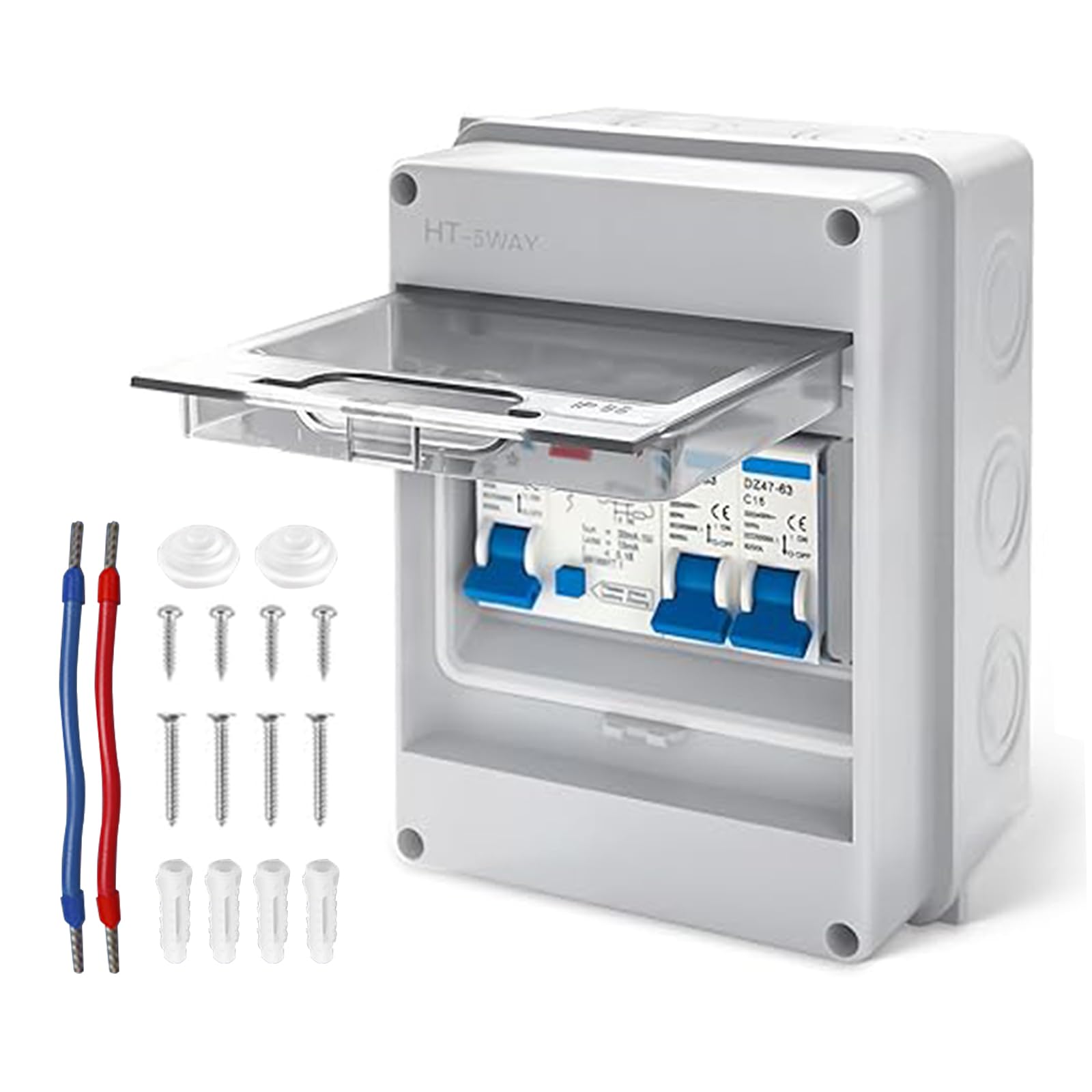 2 Way Consumer Unit Circuit Breaker - IP65 Waterproof Consumer unit Circuit Breaker Panel, Consumer Anti-Leakage Fuse Box for GarageCaravan, Distribution Protection Box, 40A 30mA RCD 6A+16A