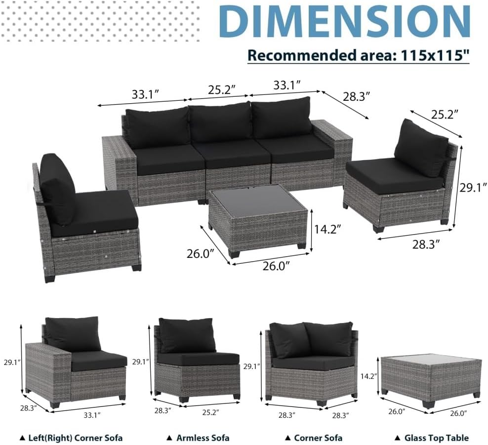 6 Pieces Outdoor Patio Furniture Set Rattan Patio Conversation Set with Coffee Table L-Shaped Wicker Outdoor Sectional Sofa with Wide Armrest and Cushions for Garden Deck Porch(Gray)
