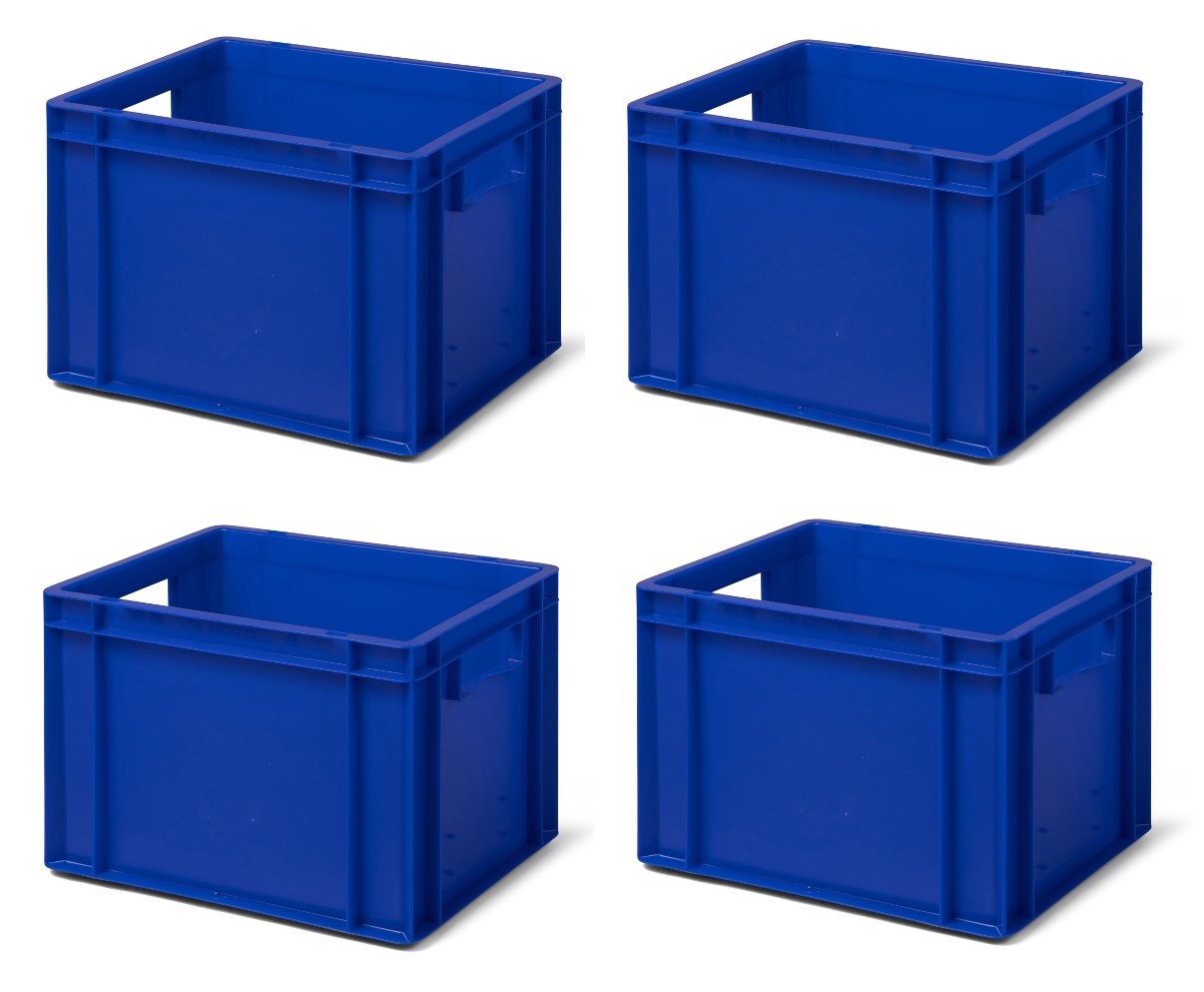1a-TopStore 4 Stk. Transport-Stapelkasten TK427-0, blau, 400x300x270 mm (LxBxH), aus PP, Volumen: 23 Liter, Traglast: 40 kg, lebensmittelecht, made in Germany, Industriequalität