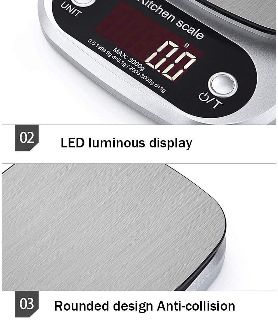 Wagi elektroniczne, cyfrowe wagi kuchenne, wysokiej jakości wagi kuchenne ze stali nierdzewnej, eleganckie wagi o ultracienkiej konstrukcji, jeden kolor (3 kg/0,1 g)