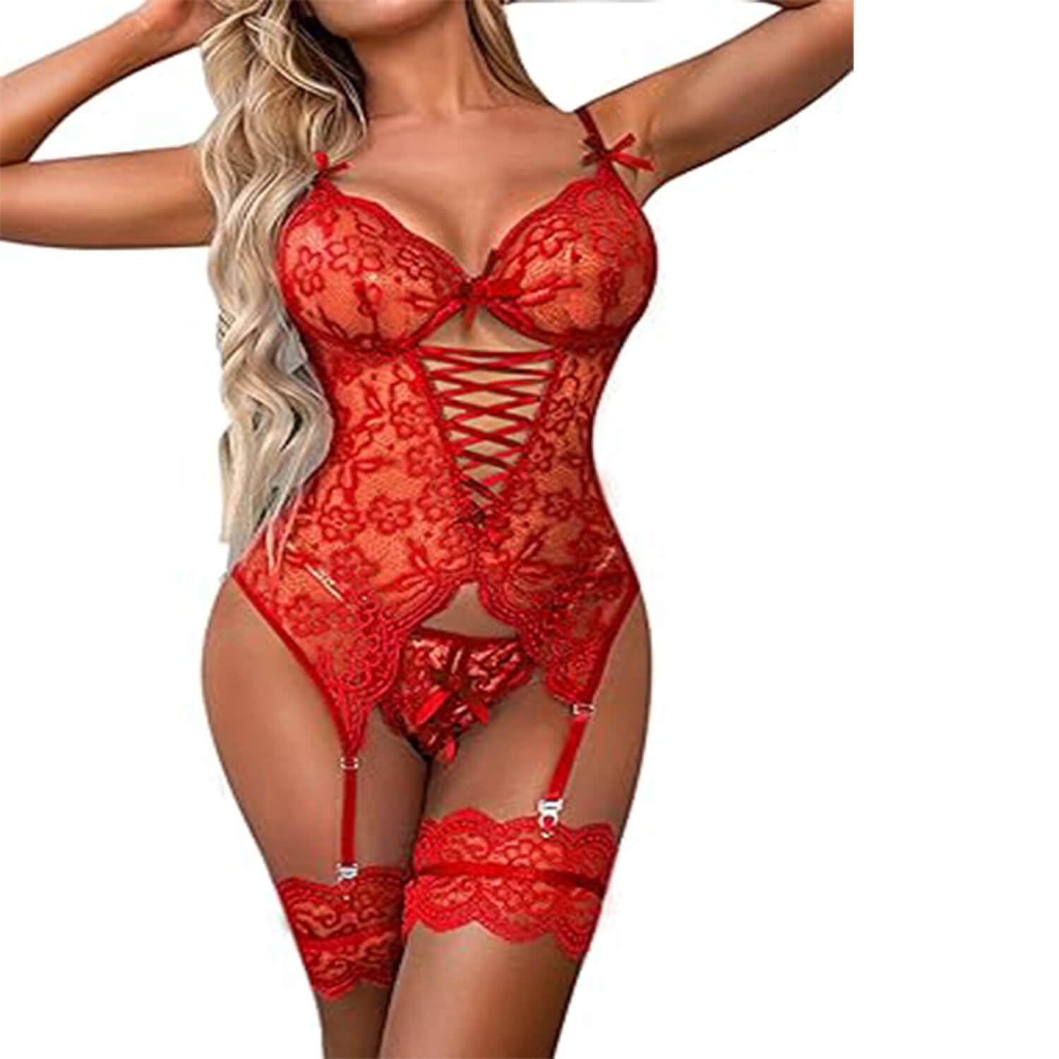 Xianyiss Women's Red Lingerie Sets: Sexy Lace Bodysuit With Thigh Cuffs, Underwear Teddy Babydolls, Garter (No Stockings). Available In Sizes S-Xxl.