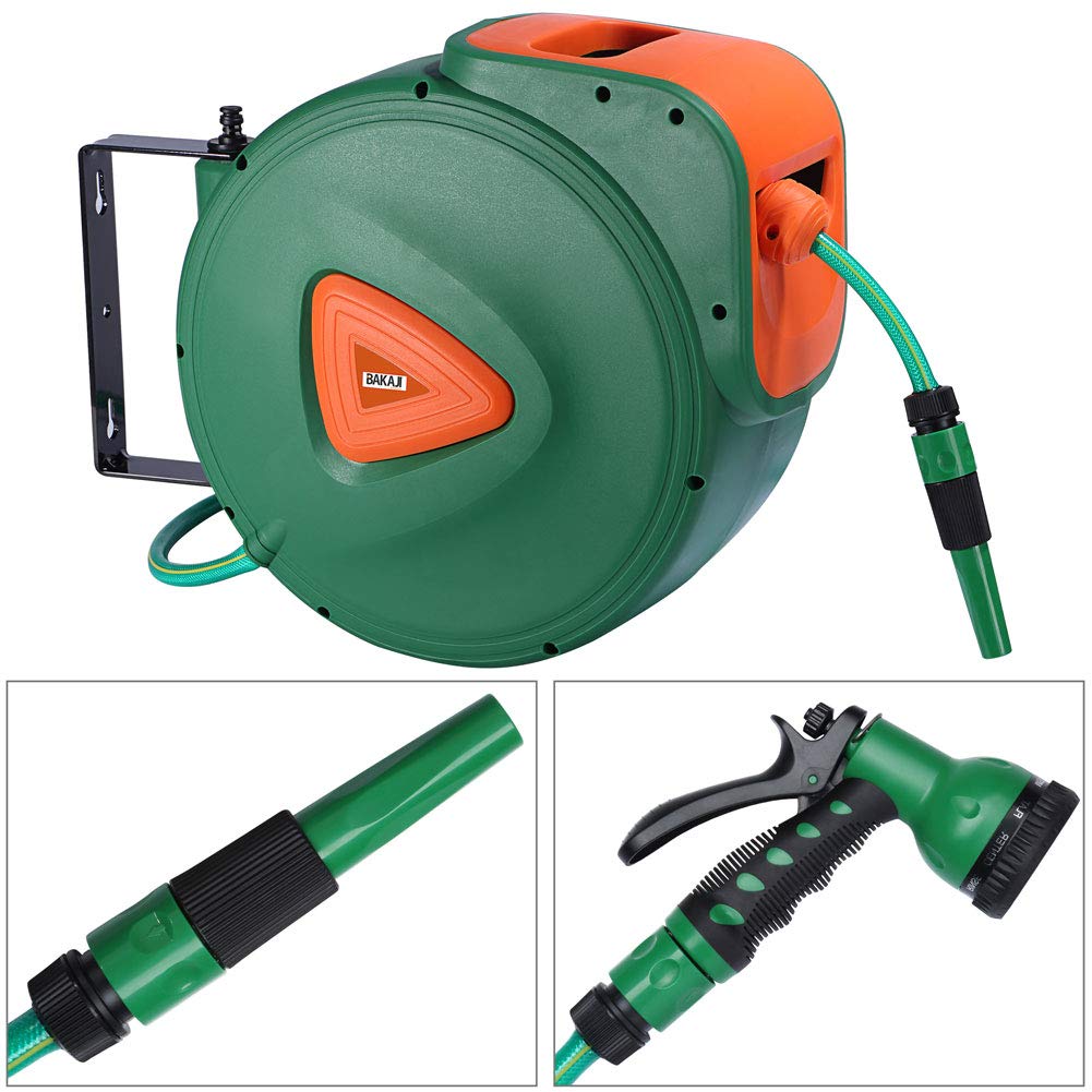 BAKAJI Carrete de manguera de jardín Manguera de agua con bloqueo automático Fijación a la pared Manguera de PVC Soporte de pared Ajustable 180 ° Giratorio (30 metros)