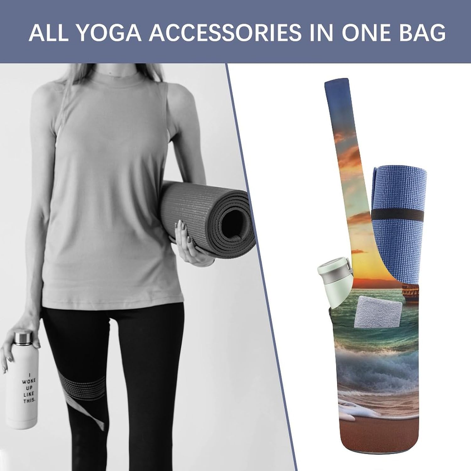 Yoga Mat Carrying Bag,Pirate Ship in The Sunset Printed Women's Yoga Bag with Multi-Functional Storage Pockets,Large Yoga Mat Bag Fits Most Size Yoga Mats