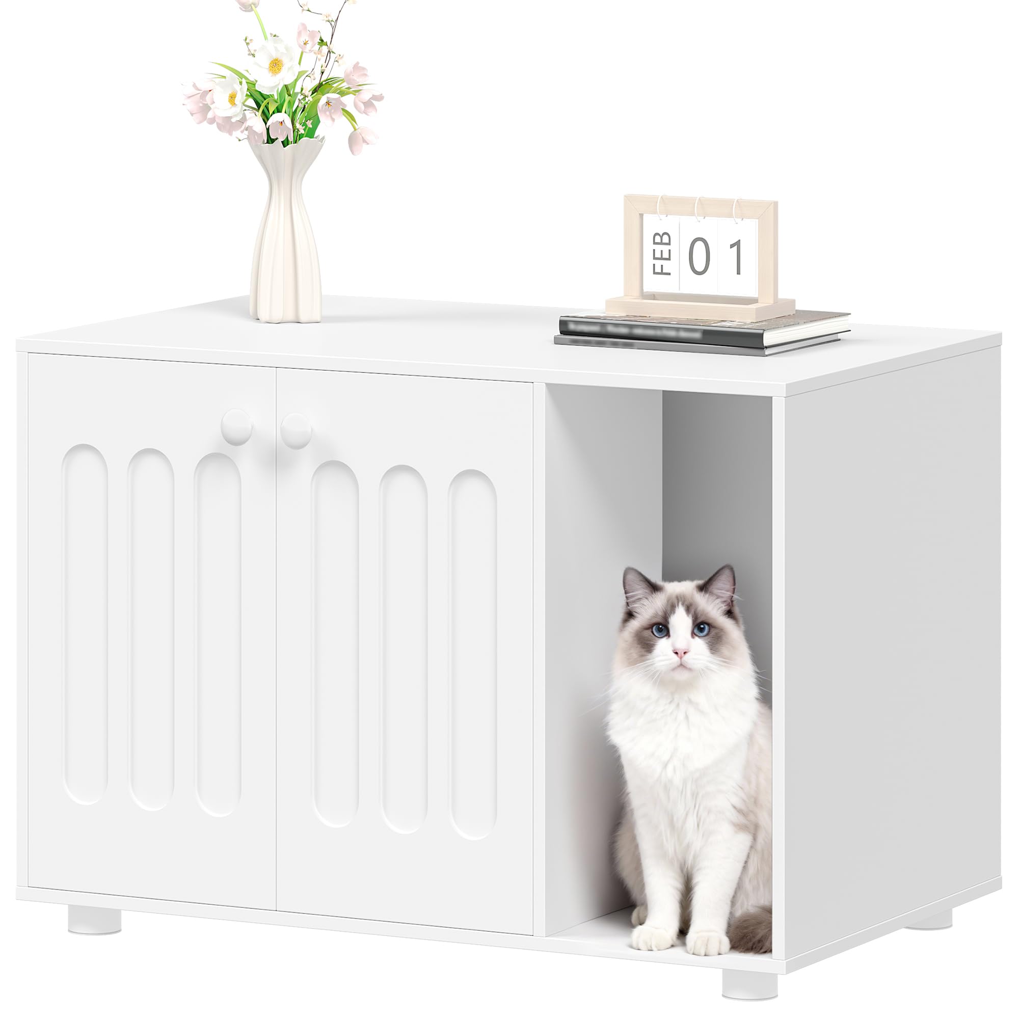 Hzuaneri Cat Litter Box Enclosure, Hidden Litter Box Cabinet Furniture with Legs, Wooden Cat Litter Cupboard with 2 Door and Independent Partition, Modern Style, 80 x 48 x 51 cm, White CB87903X