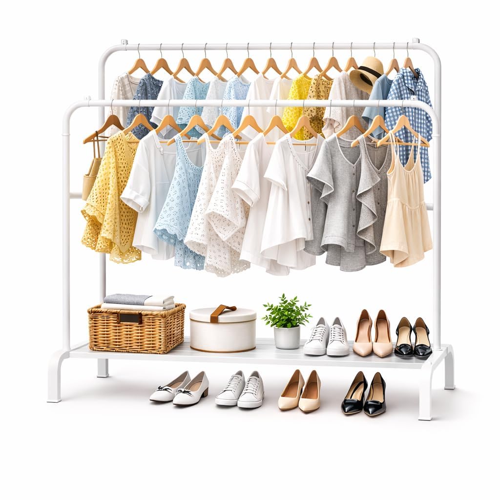 Vasukie Heavy Duty Double Rod Clothes Rack with Bottom Shelf | Metal Garment Stand Organizer for Bedroom, Living Room & Boutique | Space Saving Cloth Hanger Stand (148 * 110 * 55.5) WHITE NEW-image-10