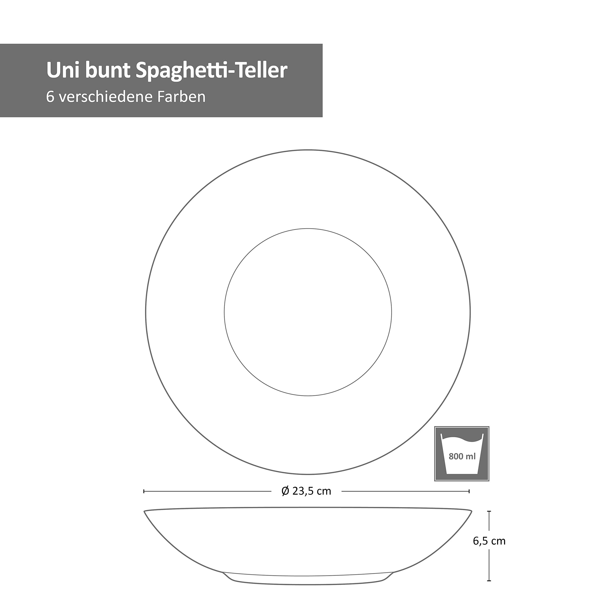 MamboCat Lot de 6 assiettes à spaghetti creuses Coloris uni - Diamètre : 23,5 cm 800 ml Pour 6 personnes Assiette à pâtes Assiette à soupe Plat de service